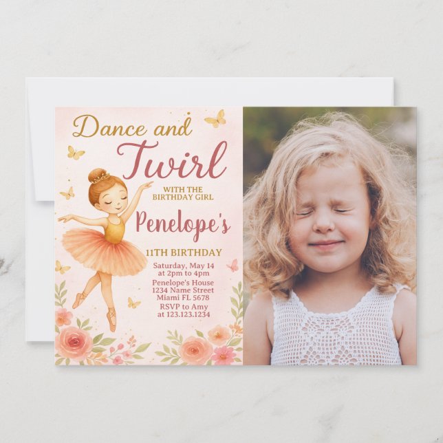 Fun Ballerina Geburtstag Einladung mit Foto (Vorderseite)