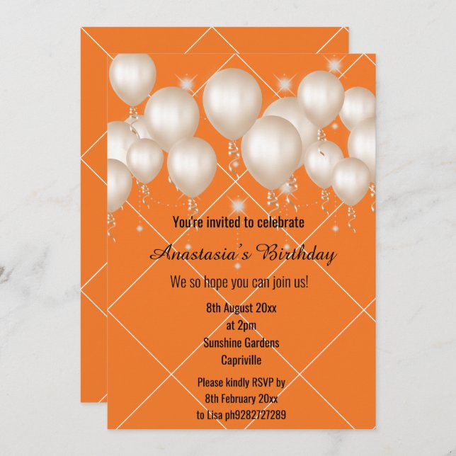 FUN BALLOON BRIGHT ORANGE BIRTHDAY GRID EINLADUNG (Vorne/Hinten)