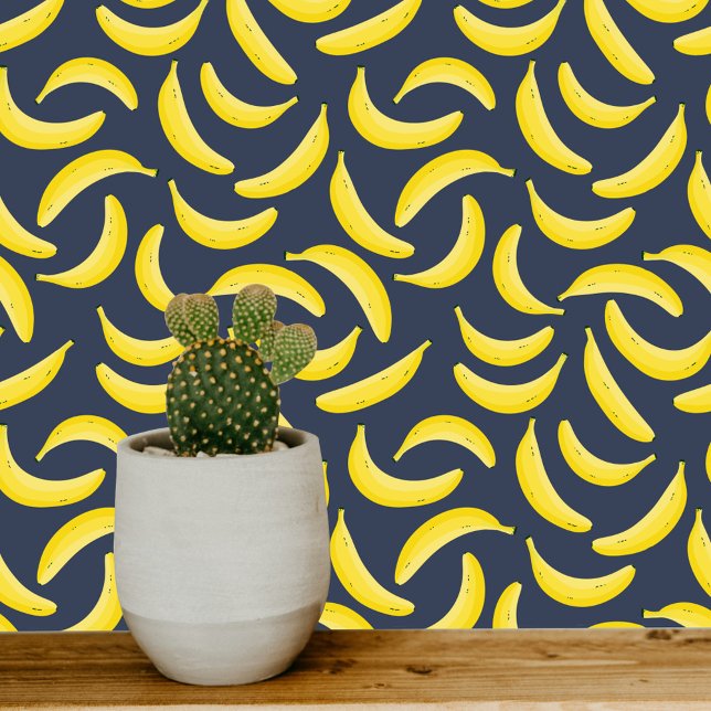 Fun Banana Dark Tapete (Fun Banana pattern yellow and dark navy blue art wallpaper)
