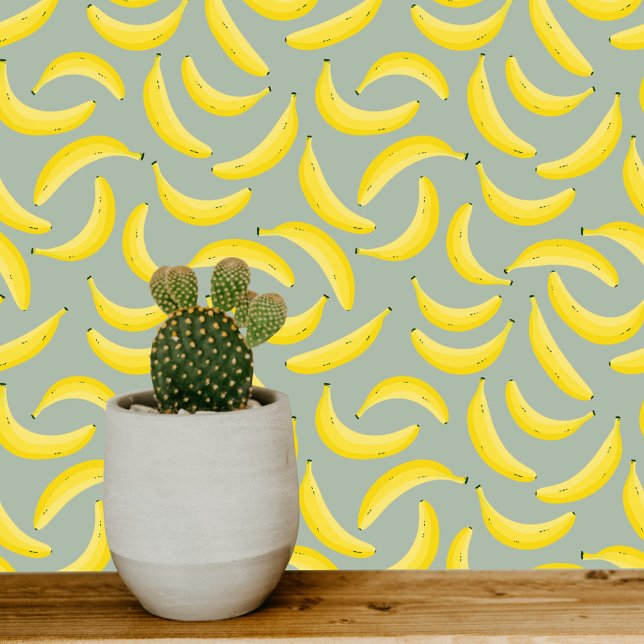 Fun Banana Yellow Sage Green Tapete (Banana fun fruity pattern on soft sage green art wallpaper)