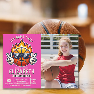 Fun Basketball Birthday Girl with photo Einladung