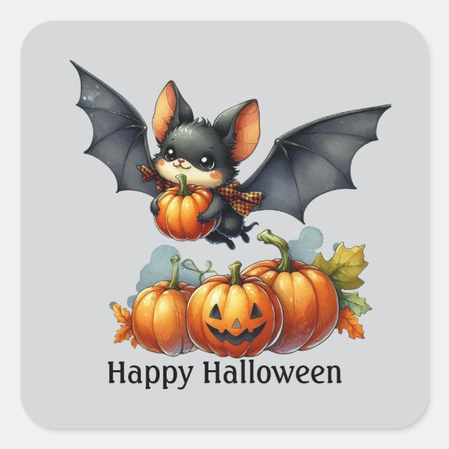 Fun Bat Happy Halloween anpassbar Quadratischer Aufkleber (Vorderseite)