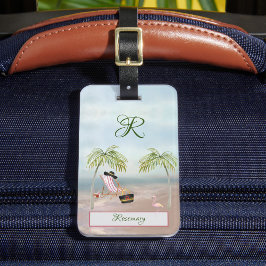 Fun Beach Scene Glam Palm Tree Monogram Name Gepäckanhänger