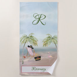 Fun Beach Scene Glam Palm Tree Monogram Name Strandtuch