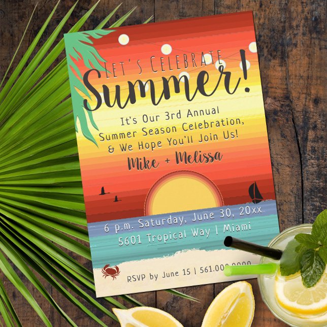 ☀️ 🌴 Fun Beach Sunset Tropical Summer Party Einladung (Colorful Tropical Summer Party Invitation with Retro Typography)