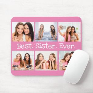 Fun Best Sister alle 6 Foto Collage Pink White Mousepad