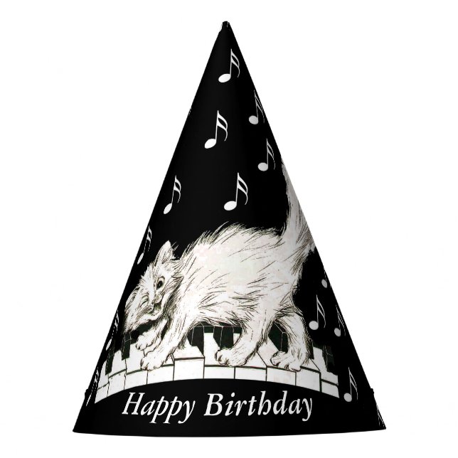 Fun Birthday Cat on Piano Keys Musiknoten Partyhütchen (Vorderseite)