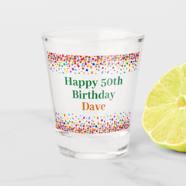 Fun Birthday farbenfrohe Confetti Name Age hinzufü Schnapsglas (Vorderseite)