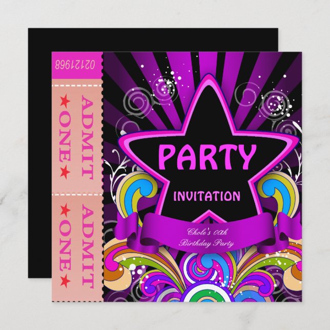 Fun Birthday Party Girls Hot Pink Tickets 2 Einladung (Vorne/Hinten)