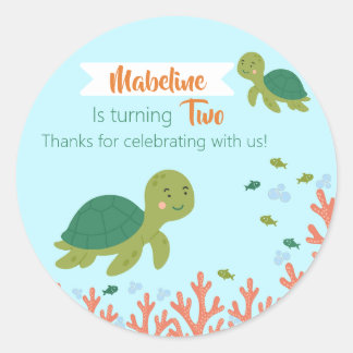 Fun Birthday Sea Turtle & Coral Reef Runder Aufkleber