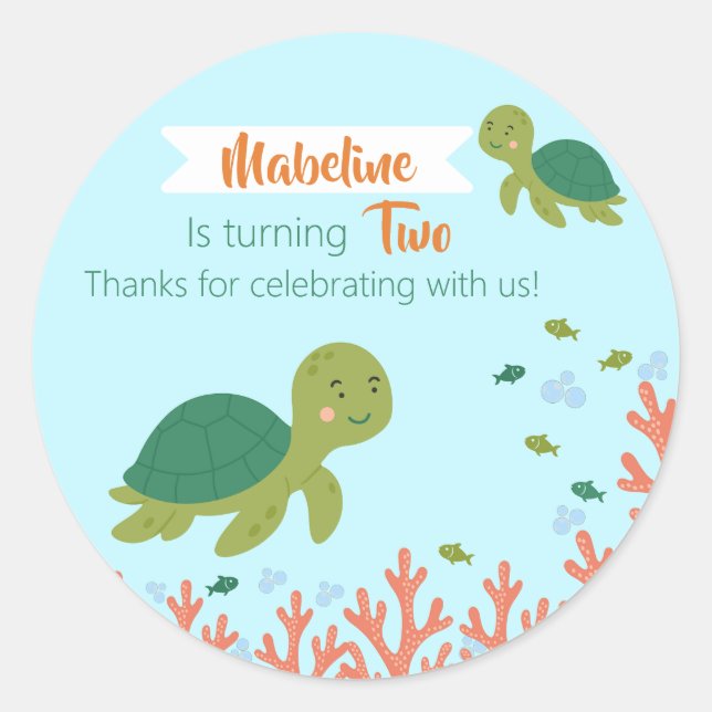 Fun Birthday Sea Turtle & Coral Reef Runder Aufkleber (Vorderseite)