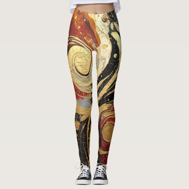 Fun Black and Gold Oil Paint Splash print Leggings (Vorderseite)