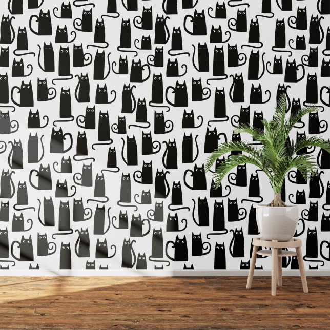 Fun Black and White Cat Muster Tapete (Black cats on white  art wallpaper)