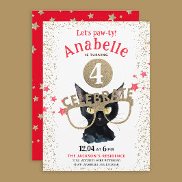 Fun Black Cat Gold Glitzer Rote Sterne Wasserfarbe Einladung