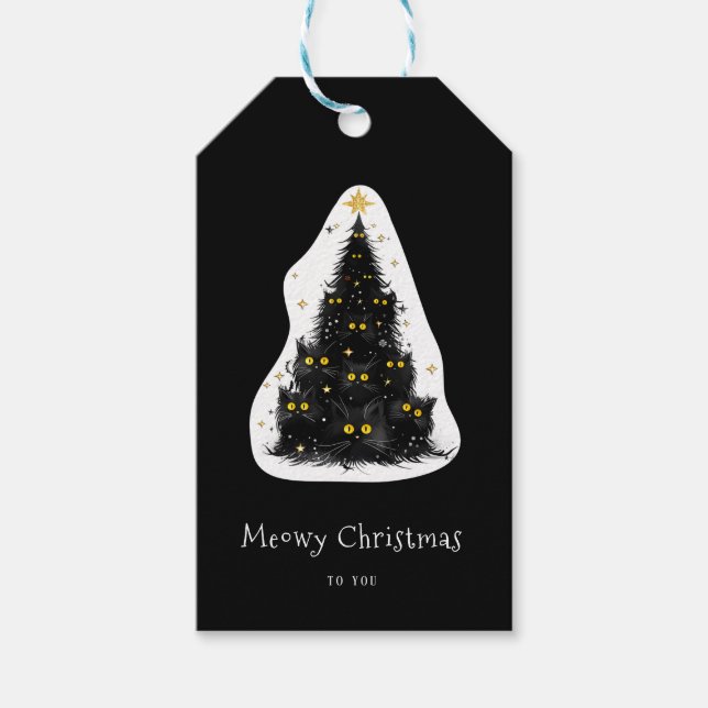 Fun Black Cat Meowy Weihnachtsbaum Geschenkanhänger (Vorderseite)