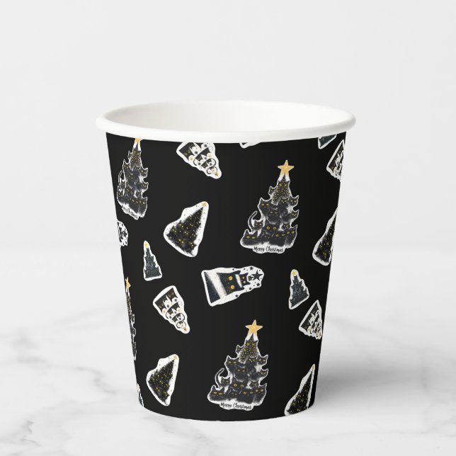 Fun Black Cat Meowy Weihnachtsbaum Pappbecher (Vorderseite)