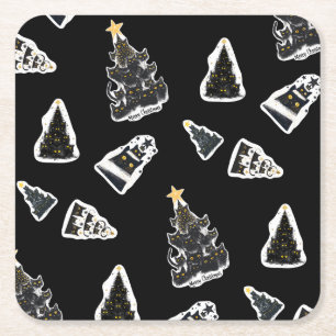 Fun Black Cat Meowy Weihnachtsbaum Rechteckiger Pappuntersetzer
