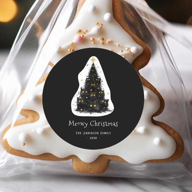 Fun Black Cat Meowy Weihnachtsbaum Runder Aufkleber (Von Creator hochgeladen)