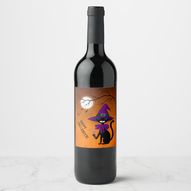 Fun Black Cat Trinken Wein Hexenhut Halloween Weinetikett (Vorderseite)