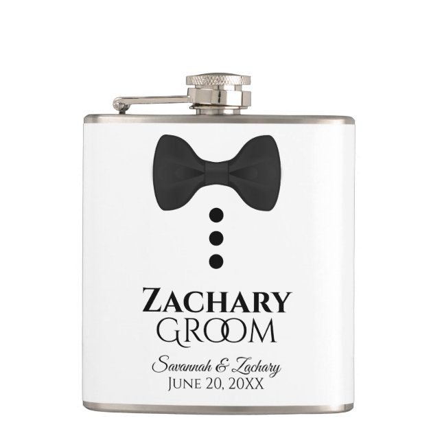 Fun Black Krawatte Tuxedo Groom Hochzeitsflasche Flachmann (Vorderseite)