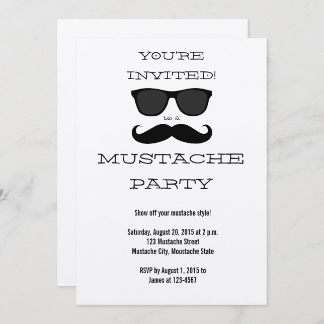 Fun Black Mustache und Sonnenbrille Party Einladun Einladung (Vorne/Hinten)