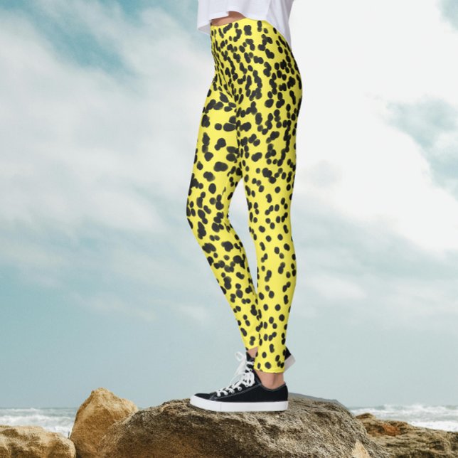 Fun Black Neon Yellow Polka Dots Dalmatiner Muster Leggings (Von Creator hochgeladen)