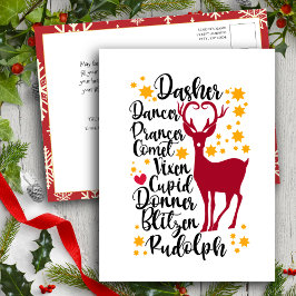 Fun Black Script Santa Reindeer Name Weihnachten Postkarte