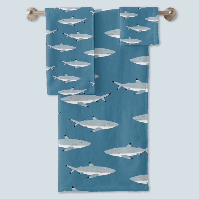 Fun Black Tipped Reef Shark Badhandtuch Set (Fun Black Tipped Reef Shark pattern teal green towel set )