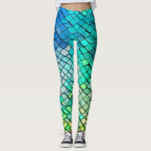 Fun Blue Abstrakt Geometric Mermaid Scales Pattern Leggings