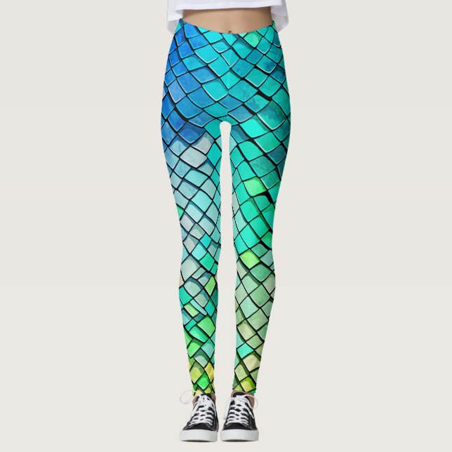 Fun Blue Abstrakt Geometric Mermaid Scales Pattern Leggings (Vorderseite)