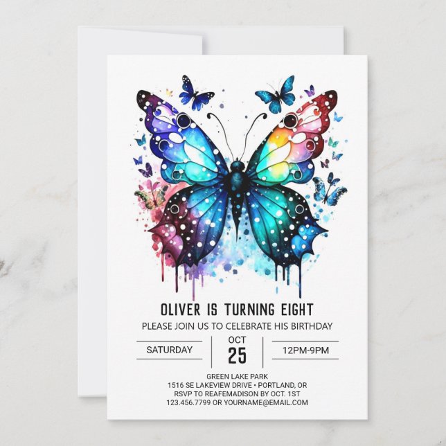Fun Blue Butterfly Junge Geburtstag Einladung (Vorderseite)