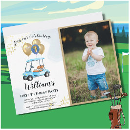 Fun Blue Golf Cart Foto Erster Geburtstag Junge Einladung