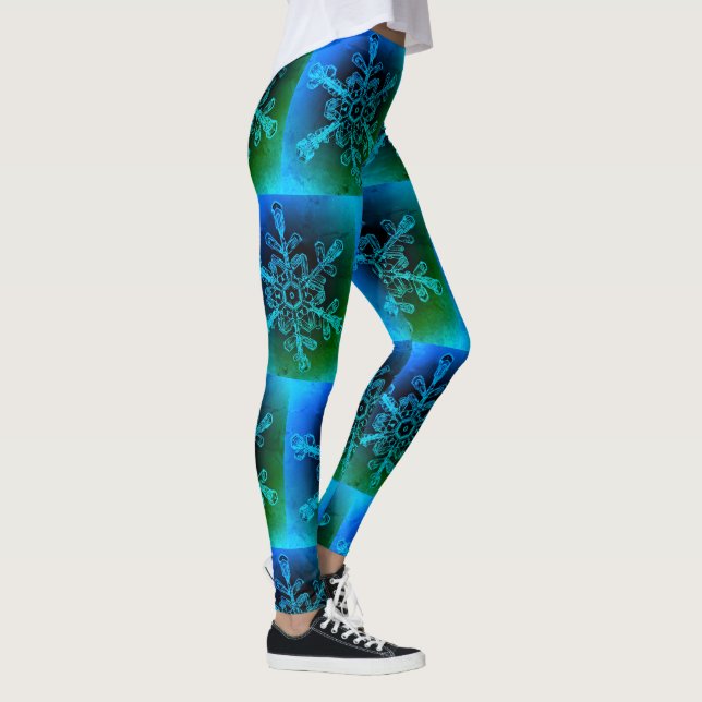 Fun Blue Green Gefärbte Krawatte Snowflake Muster  Leggings (Rechts)