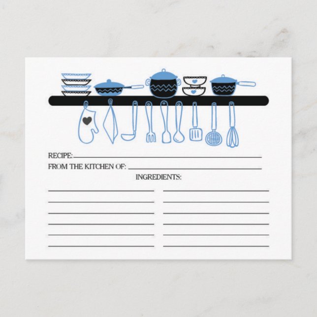 Fun Blue Kitchen Gadgets Bridal Recipe Cards Postkarte (Vorderseite)