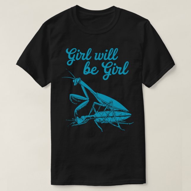 Fun Blue Mantis Illustration mit Whimsical Text T-Shirt (Design vorne)