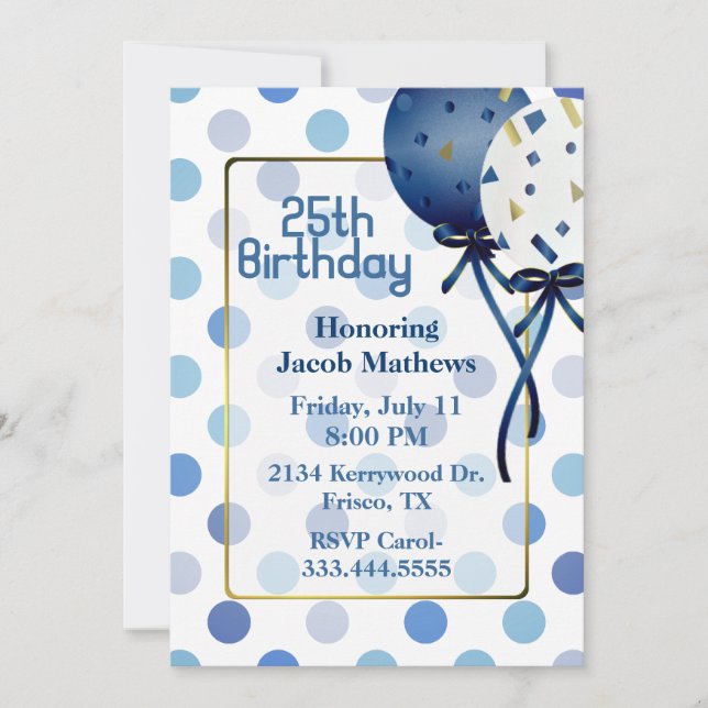 Fun Blue Polka Dots & Balloons Einladung zum Gebur (Vorderseite)