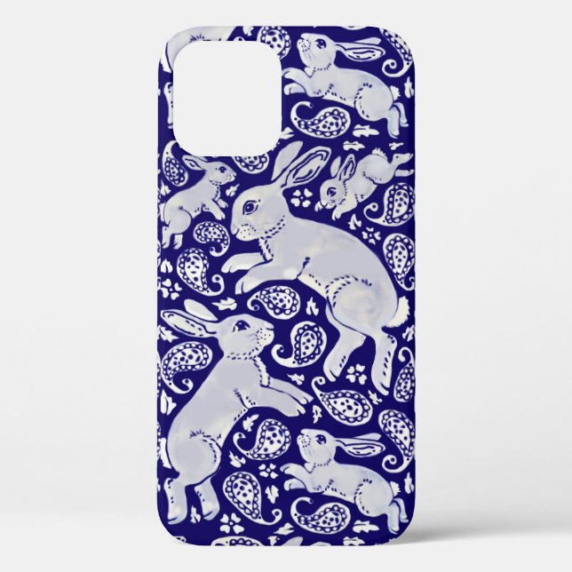 Fun Blue Rabbit Paisley Floral Delft Dedham Animal Case-Mate iPhone Hülle (Rückseite)