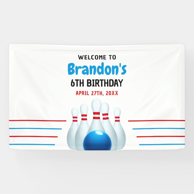 Fun Blue & Red Bowling Kinder 6. Geburtstag Banner (Horizontal)