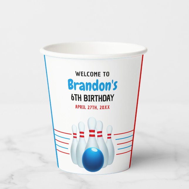 Fun Blue & Red Bowling Kinder 6. Geburtstag Pappbecher (Vorderseite)