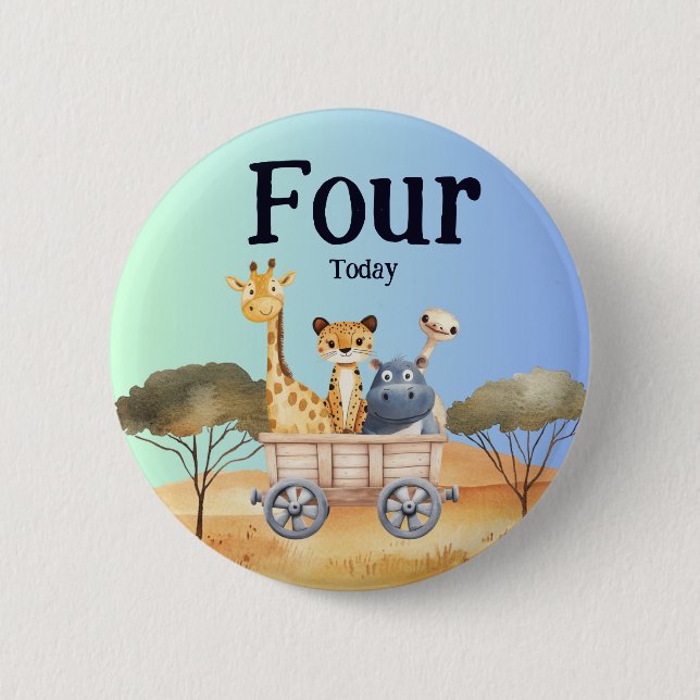 Fun Blue Safari 4th Birthday Button (Vorderseite)