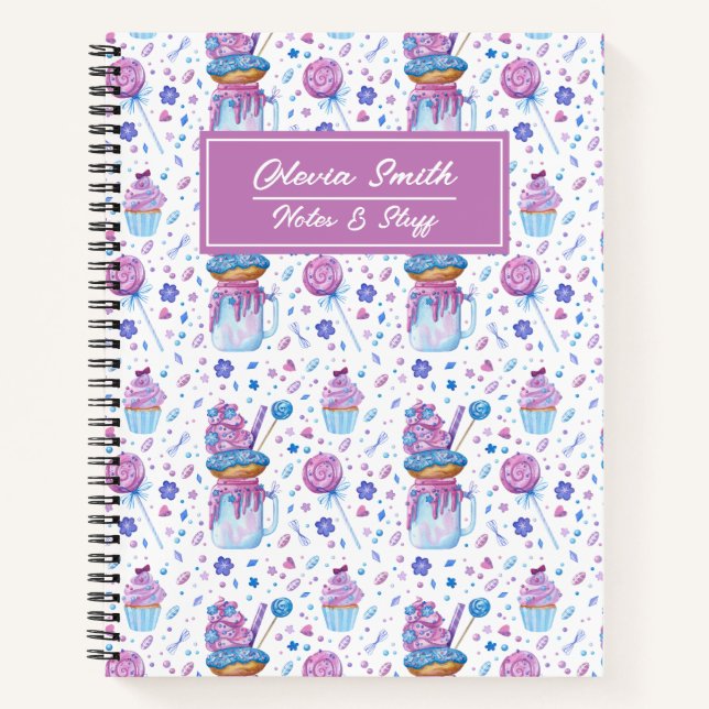 Fun Blue und Lila Cup Cake und Lollipop Notizbuch (Vorderseite)