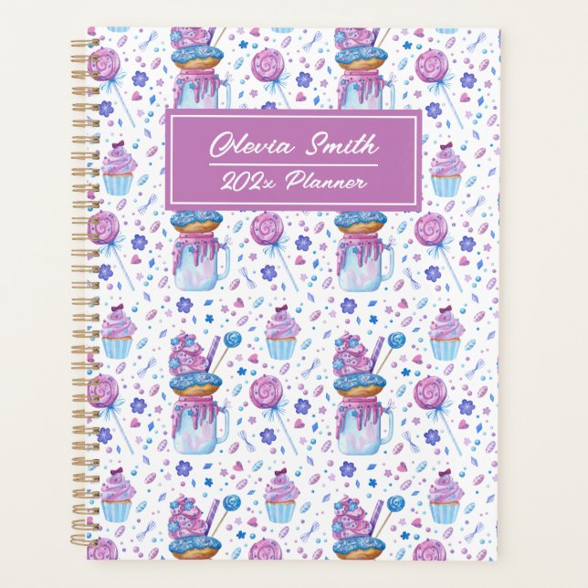 Fun Blue und Lila Cup Cake und Lollipop Planer (Vorderseite)