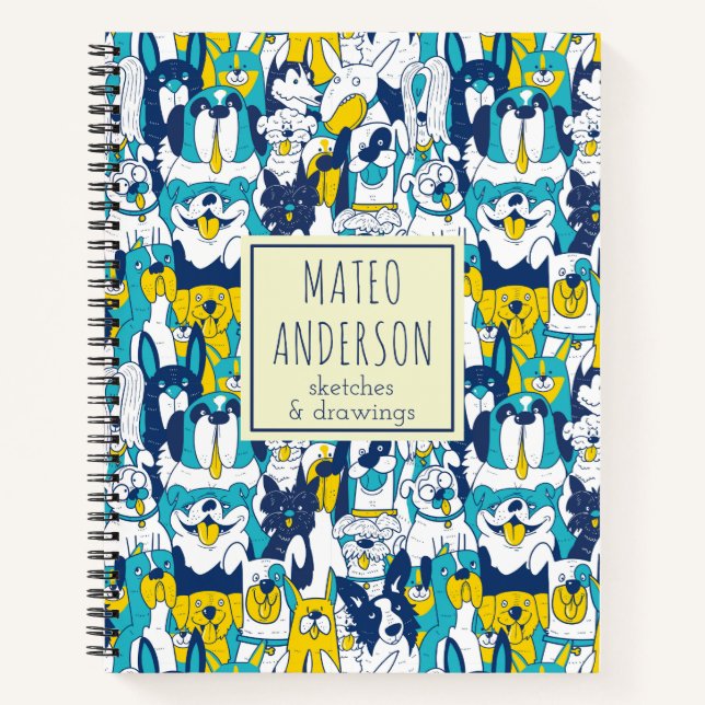Fun Blue Yellow Hogs Muster Personalisierter Name Notizbuch (Vorderseite)