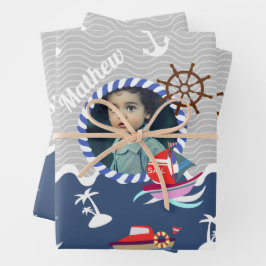 Fun Boats Foto Grau Blau Geschenkpapier Set