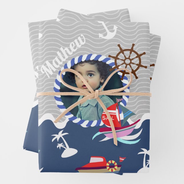 Fun Boats Foto Grau Blau Geschenkpapier Set (Beispiel)