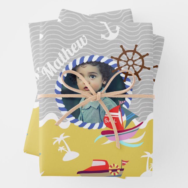 Fun Boats Foto Graugelb Geschenkpapier Set (Beispiel)