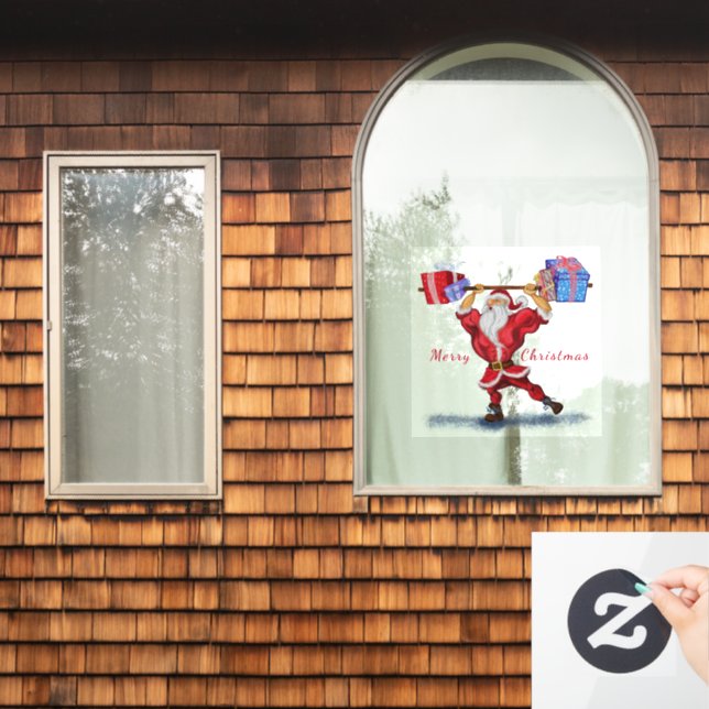 Fun Bodybuilder Weihnachtsmann mit Weihnachtsgesch Fensteraufkleber (Fenster Zuhause)