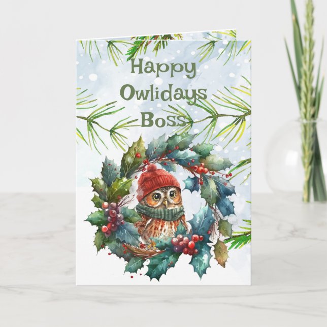 Fun Boss Christmas Owl Tierwelt Natur Karte (Vorderseite)