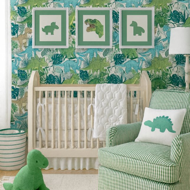 Fun Boys Dinosaurs Blue Green Seamless  Tapete (Dinosaur wallpaper in fresh blues and greens creates a bold, playful focal wall for a modern nursery)