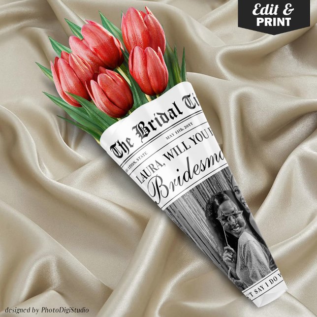 Fun Bridesmaid Vorschlag Zeitung Blume Bouquet Geschenkpapier Set (Editable Fun Bridesmaid Proposal Newspaper Flower Bouquet Wrapping Paper Sheets)